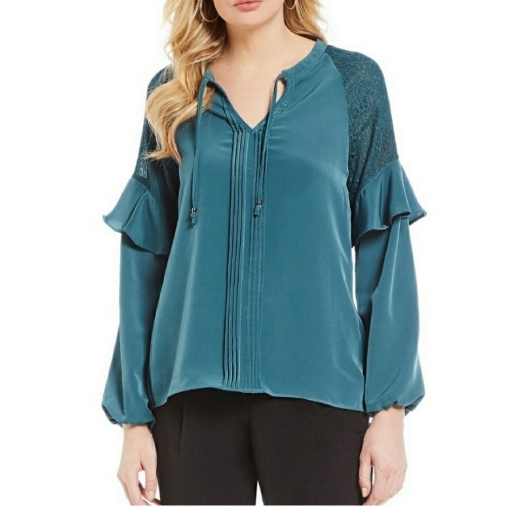 Halston Blouson Sleeve Tie Neck Top with Lace Inserts- Tide- XL- NWT